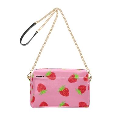 Imagem de Joitme Bolsa feminina transversal para celular bolsa de ombro de couro PU com alça de corrente vermelha morangos estampa rosa