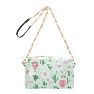 Imagem de Joitme Bolsa transversal para mulheres, bolsa para celular, linda alça de corrente de couro PU, bolsa de ombro com desenho animado lhamas cacto verde