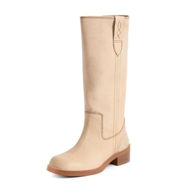 Imagem de KISSASA Botas de cano alto femininas bico grosso bloco grosso salto baixo botas de moto vintage pull on botas longas retrô sapatos campus, Branco, 39