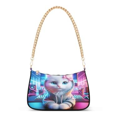 Imagem de Linda bolsa de ombro com corrente de gato branco com estampa animal, bolsa artística média para mulheres, bolsa Hobo moderna para uso diário e festa