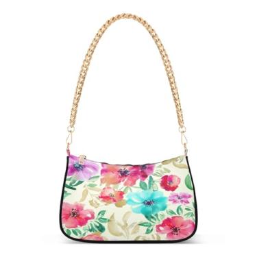 Imagem de Bolsa de ombro com corrente de ombro de flores em aquarela de primavera, bolsa feminina Hobo, bolsa de ombro clutch com estampa floral para todos os dias ou à noite