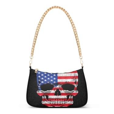 Imagem de Bolsa de ombro de corrente preta com caveira suja bandeira americana, bolsa feminina Hobo para uso diário e festa