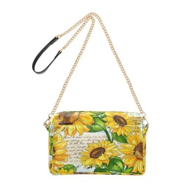 Imagem de Joitme Bolsa feminina com estampa de girassóis vibrantes e folhas verdes, alça de corrente, couro PU, bolsa de ombro para celular