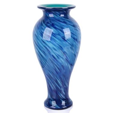 Imagem de Vasos de vidro azul de 50,8 cm de altura, vaso grande de flores de vidro marinho soprado à mão para chão, jarrones grandes para sala elegante, vasos de flores azuis do oceano muito modernos para