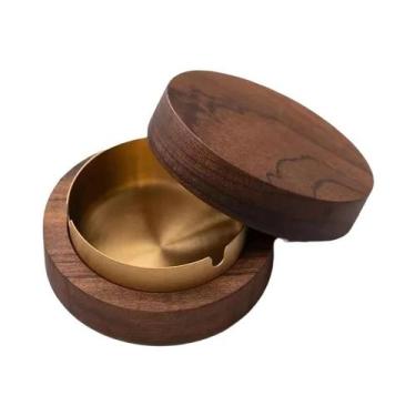 Imagem de Cinzeiro De Madeira De Noz Com Tampa, À Prova De Vento, Em Aço Inoxidá