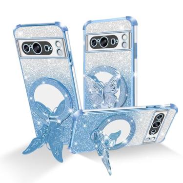 Imagem de Easyscen Capa para celular Google Pixel 8 Pro (6,7 polegadas), com suporte de borboleta e 4 cantos de airbag, capa protetora à prova de choque de luxo com glitter para mulheres - azul