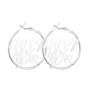 Imagem de Brincos de argola de feliz ano novo para mulheres, ouro, prata, letra de ano novo, argolas vazadas, festa de ano novo, férias, joias modernas, presentes, Small, Zinco, Sem pedra preciosa