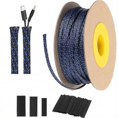 Imagem de Pangda Cabo trançado expansível de 91 m - 1/4 polegada com tubo termorretrátil de 60 para televisão, áudio, computador, cabos de vídeo (azul e preto)