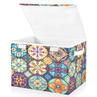 Imagem de Blueangle Caixas de armazenamento de azulejos têxteis orientais coloridos com tampas, 42 x 32 x 30 cm, grande cesta organizadora dobrável para decoração de escritório e armário (547)