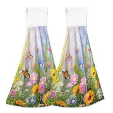 Imagem de xigua Conjunto de 2 toalhas de cozinha coloridas de flores silvestres, toalhas de cozinha macias e absorventes rápidas com laço para pendurar e adesivos mágicos, toalhas de mão de pano para pendurar