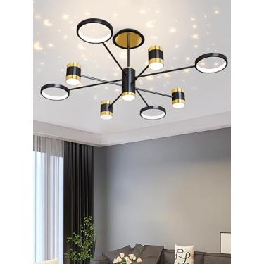 Imagem de Lustre LED moderno para sala de estar, com design em anel, ideal para mesa de jantar, com controle remoto e intensidade de luz ajustável, na cor preta, perfeito para quartos, salas de jantar