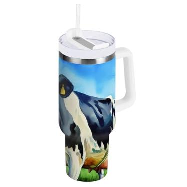 Imagem de SEHANY Copo Highland Cow de 850 g com alça, copo isolado de aço inoxidável a vácuo de parede dupla, à prova de vazamento, copo de viagem isolado cabe no suporte de copo de carro