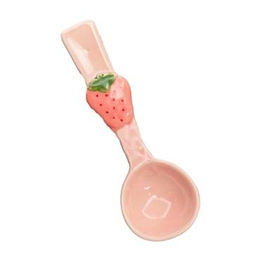 Imagem de Colher de cerâmica de baga pintada à mão colher de sorvete de sobremesa fofa - baga rosa