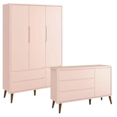 Imagem de Guarda Roupa Infantil 3 Portas e Cômoda Theo 1 Porta Rosa com Pés Amad