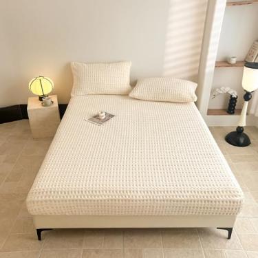 Imagem de Lençol de cama completo de tecido waffle com bolso profundo 38 cm - Lençol de cama texturizado ultramacio com elástico em toda a volta - Roupa de cama respirável de qualidade hoteleira, branco marfim