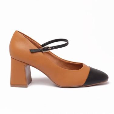 Imagem de Scarpin Sapato da Corte Salto Bloco Bicolor Boneca - Bebec, Caramelo, 