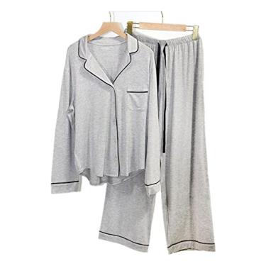 Imagem de HHHJQFAAT Pijama de outono feminino manga comprida com cordão calças para dormir em casa cores sólidas conjunto de duas peças (cinza grande)
