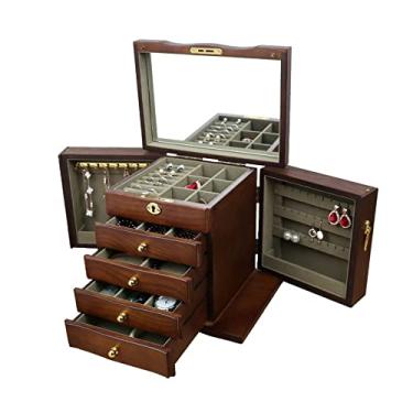 Imagem de U5GAAALPPQ9 Caixa de joias de madeira de 5 camadas antiga multifuncional grande capacidade de bloqueio estilo chinês colar brincos pulseira armazenamento (cor: cor antiga tamanho: 1) (cor antiga 1)