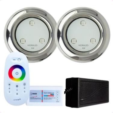 Imagem de Kit 2 Refletores Led 6w RGB Inox S e Comando para Iluminação Piscina -
