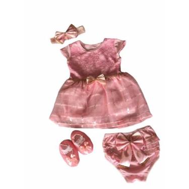 Imagem de Kit Vestido Calcinha Sapatinho Laço Roupa Bebe 0-6 meses 4pc - Lala Lu