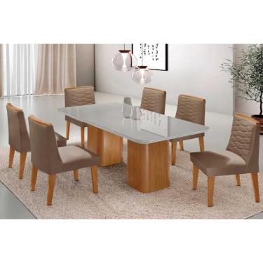 Imagem de Mesa Cozinha Maldivas c/ Tampo Madeirado c/ Vidro Canto Curvo 180x90cm e 6 Cadeiras Maldivas Naturale/Off White - Suede Capuccino-Rufato