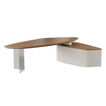 Imagem de Mesa de escritório executiva grande irregular com armário lateral, estação de trabalho moderna de madeira de freixo