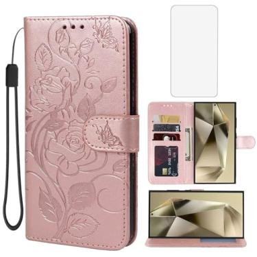 Imagem de Vavies Capa para Galaxy S24 Ultra, capa carteira para Samsung S24 Ultra com protetor de tela de vidro temperado, suporte para cartão de crédito de couro para Samsung Galaxy S24 Ultra Rose Gold