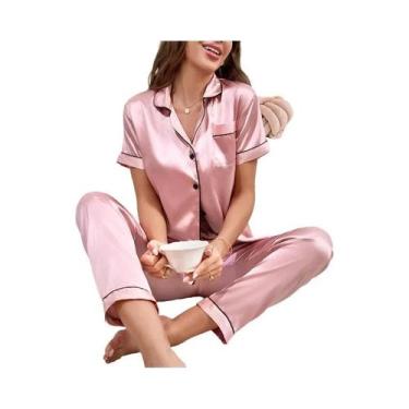 Imagem de Conjuntos De Pijamas De Seda Para Mulheres Com Camisa De Manga Curta E