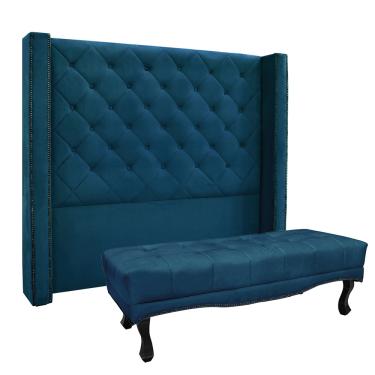 Imagem de Cabeceira Cama Box King 195cm e Recamier Vicenza Veludo Azul Marinho S04 - D'Rossi