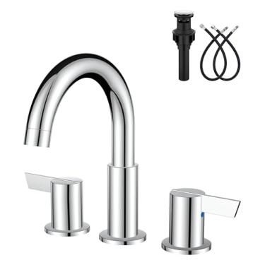 Imagem de GBBNE Torneira de pia de banheiro 3 furos 20 cm ampla torneira de 2 alças SUS304 aço inoxidável com dreno pop-up e linhas de suprimento polido cromado