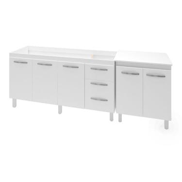 Imagem de Armário Cozinha Gabinete Pia De 160 cm Emily Com Balcão Multiuso Micro-ondas Branco Serena