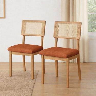 Imagem de Kit 2 Cadeiras de Jantar Assento Estofado em Tecido com Encosto em Tela Palha Mdf Freijó/Terracota