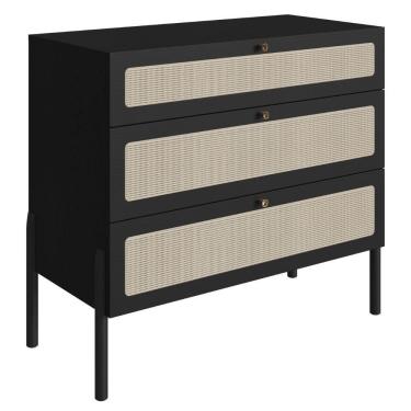 Imagem de Cômoda 3 Gavetas Oslo Artesano 93 Cm (largura) Em Mdp Nero Palha Sintética Bege Pé Madeira Maciça