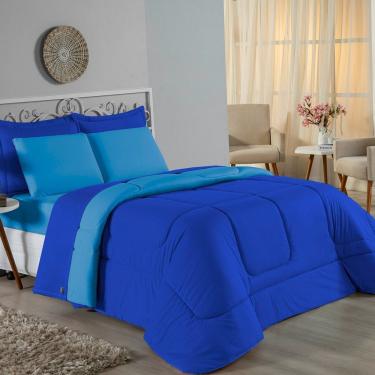 Imagem de Kit Edredom Dupla Face + Jogo De Lençol King Nobre 6 Peças Malha 100% Algodão - Royal / Turquesa