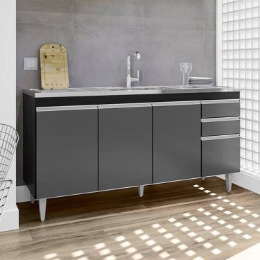 Imagem de Balcão Lorena com Pia e Cuba GhelPlus 160cm 4 Portas 2 Gavetas Preto Grafite Maderatto Móveis