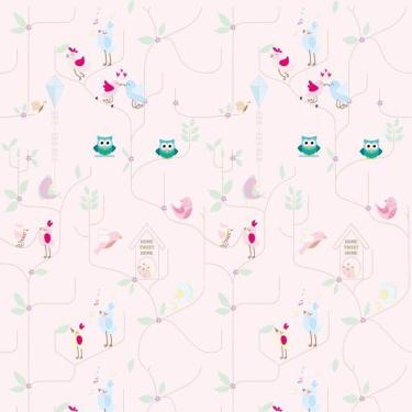 Imagem de Papel De Parede Rosa Coruja E Pássaros Adesivo Infantil Bebe