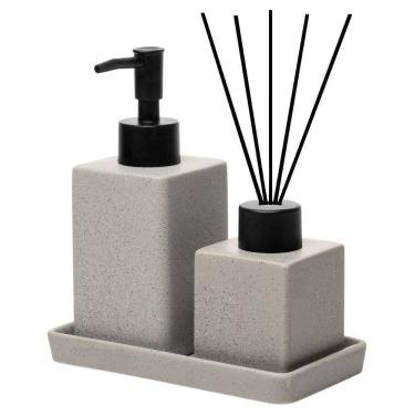 Imagem de Cj 2 Acessórios de Bancada para Banheiro/Lavabo de Cerâmica C/Bandeja Quadratto Cinza Wolff