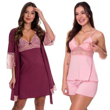 Imagem de KIT Camisola Amamentação Gestante com Robe + Baby Doll Amamentação Est