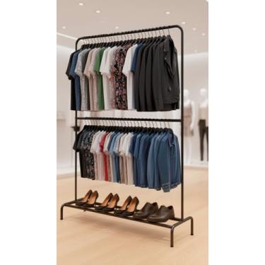 Imagem de Arara Dupla Para Roupas Com Sapateira - 100% Aço - Suporta 180 Cabides (Preto)