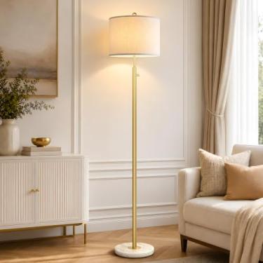 Imagem de Nintiue Luminária De Chão Dourada Regulável Para Sala De Estar, Lâmpada Led De 11 W Incluída, Luminária De Pé Moderna Com Base De Mármore, Luminária De Poste Alto Com Cúpula De Linho Branco Para Qu