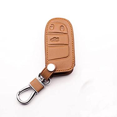 Imagem de WSWJDW Couro de 3 botões com controle remoto para carro chave capa chaveiro chaveiro bolsa, apto para Jeep Renegade 2014 2015 Grand Cherokee Chrysler 300c Fiat, marrom