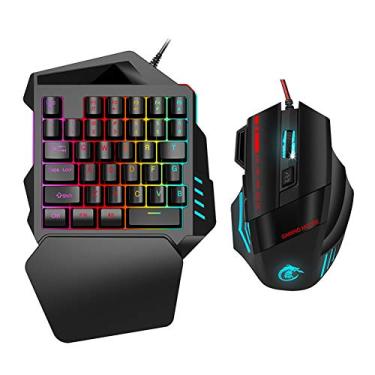 Imagem de Combo de teclado e mouse para jogos RGB com uma mão, USB com fio RGB com letras arco-íris, teclado mecânico retroiluminado de mão única com suporte para descanso de pulso, para Windows/para