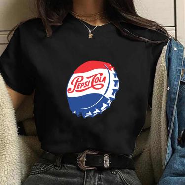 Imagem de Camiseta Blusa feminina logo pepsi cola tampinha Blusa Preta Algodao
