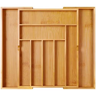 Imagem de Organizador de gaveta BAMEOS Utensil, organizador de gaveta de mesa de talheres de prata, organizador de gaveta de cozinha, 100% puro bambu expansível, cortador ajustável em cor natural, 22 inch, 1