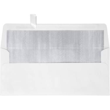 Imagem de Envelopes quadrados com aba e forro de lâmina #10 (4,5 cm x 24 cm) com descascar e pressionar – Branco com forro LUX prateado (50 unidades) | Perfeito para cheques, faturas, letras, declarações e mais! | FLWH4260-03-50