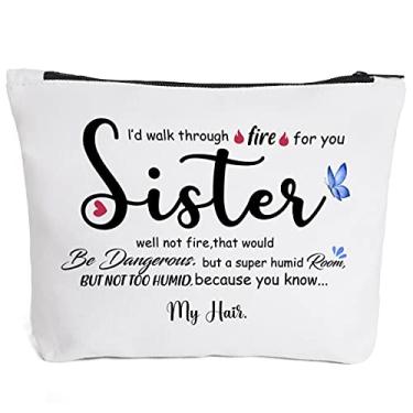 Imagem de Presentes engraçados para irmãs de irmãs, irmão, irmã presentes de aniversário, presente para irmã alma irmã presentes bolsa de maquiagem para menina grande - fogo para você irmã, branco, Azul: branco