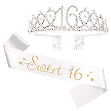 Imagem de Faixa Sweet 16 e tiara de strass – Faixa de aniversário de 16 anos 16 Presentes de aniversário Faixa de menina (branco/dourado)