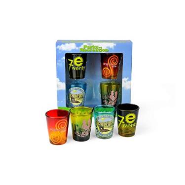 Imagem de Conjunto de 4 peças de logotipos de locais para parques e recreação – Possui a cidade de Pawnee Seal, JJ's Diner, Snakehole Lounge & Entertainment 720 símbolos em óculos de 59,15 ml – Ótimo para uso em casa, festas