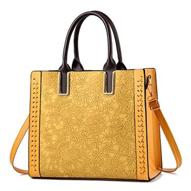 Imagem de Bolsa feminina retrô grande de couro bolsa feminina alça superior bolsa transversal moda com zíper, Amarelo
