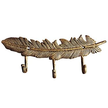 Imagem de KIZQYN Ganchos de casaco criativo ferro fundido europeu retro ferro forjado gancho de chave cabide em forma de pena gancho de casaco criativo ganchos de porta artesanato de metal decoração cabide de casaco montado na parede (cor: ouro)